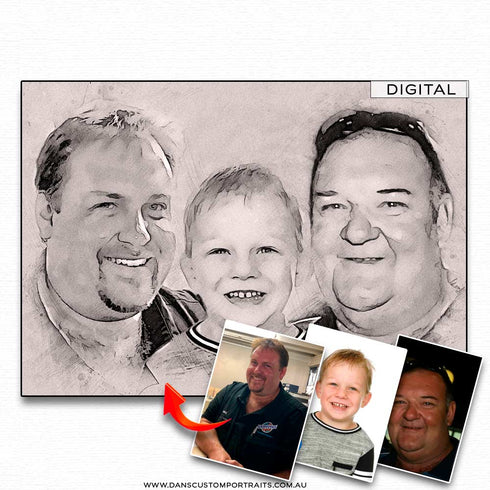 Digital Toned Sketch Portrait Family Generation Custom Portrait