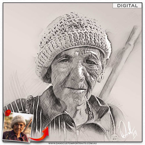Digital Toned Sketch Portrait Old Lady Custom Portrait