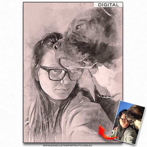 Digital Toned Sketch Portrait Pet Dog & Lady Custom Portrait