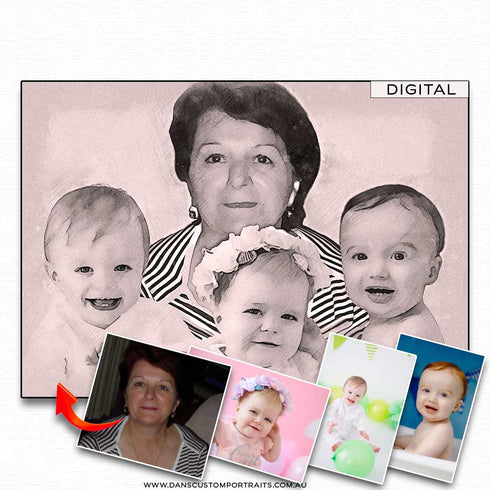 Digital Toned Sketch Portrait Grandma & Babies Custom Portrait